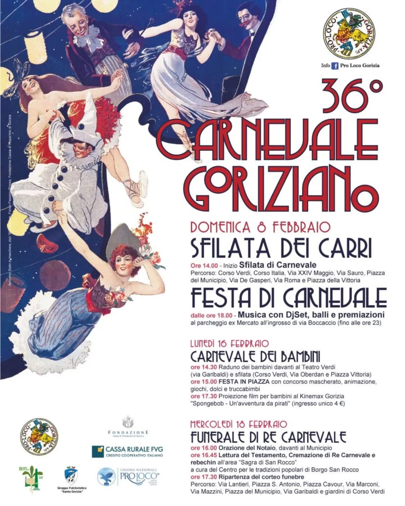 Locandina ufficiale con orari e percorso della sfilata del 36° Carnevale Goriziano, domenica 8 febbraio 2026