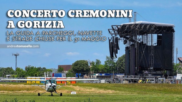 Grafica di anteprima per la guida al concerto di Cesare Cremonini all’aeroporto Duca d’Aosta di Gorizia con informazioni su parcheggi, navette e viabilità