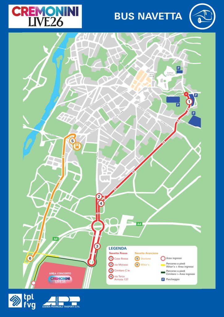 Mappa percorsi linee navette bus APT concerto Cremonini aeroporto Gorizia