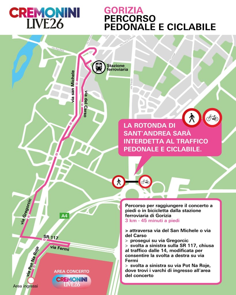 Mappa percorso pedonale stazione aeroporto concerto Cremonini Gorizia