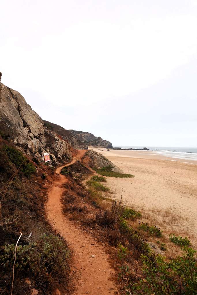 Veduta panoramica e spettacolare della costa oceanica portoghese con sentiero sterrato e spiaggia sabbiosa