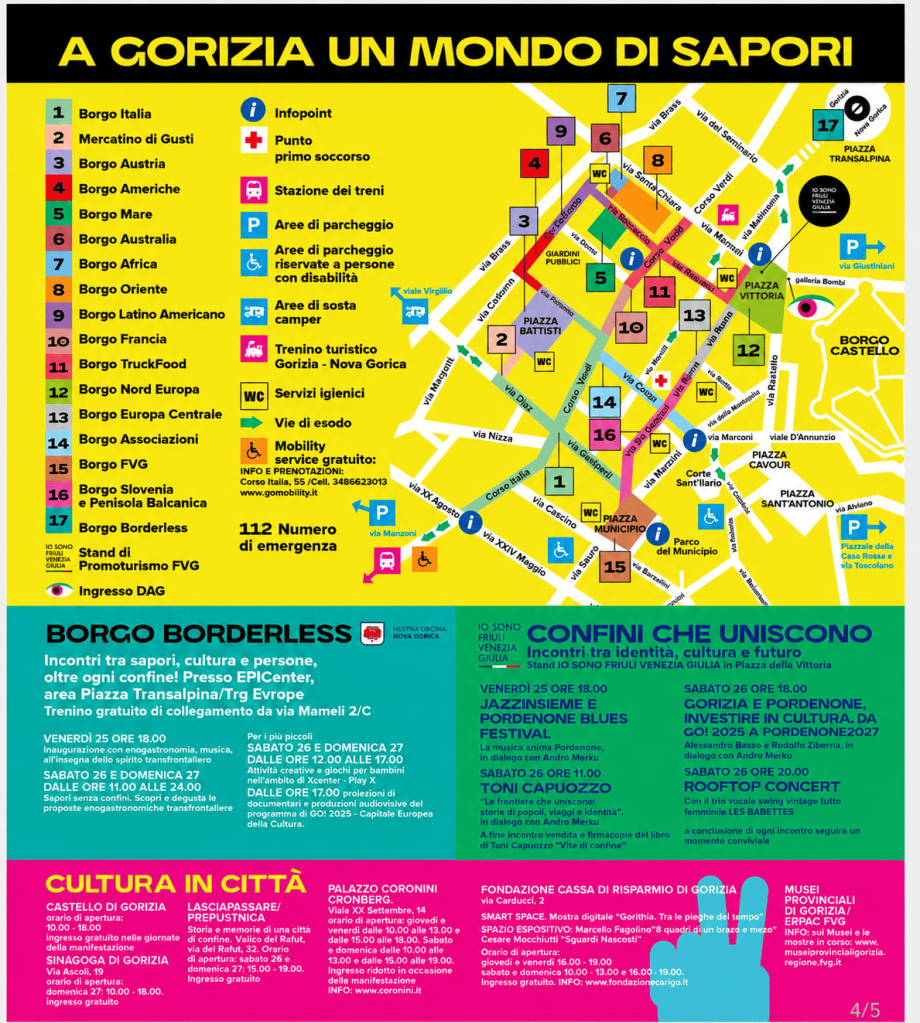 Mappa di Gorizia con i 17 borghi del gusto, parcheggi e programma degli eventi culturali per Gusti di Frontiera 2026